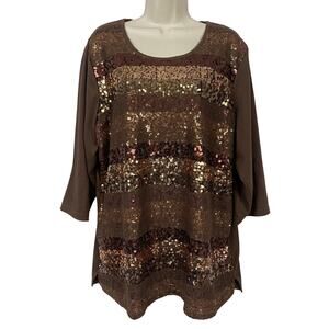 Quacker Factory Top Womens 2X Brown Sequin Lace Tunic 3/4 Party Glam Earth Tone